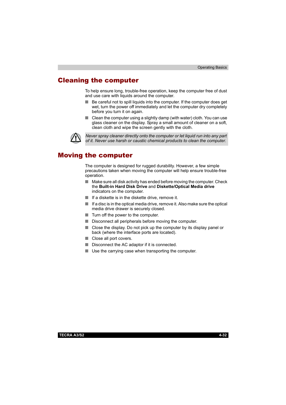 Cleaning the computer, Moving the computer, Cleaning the computer -32 moving the computer -32 | Toshiba Tecra S2 User Manual | Page 111 / 182
