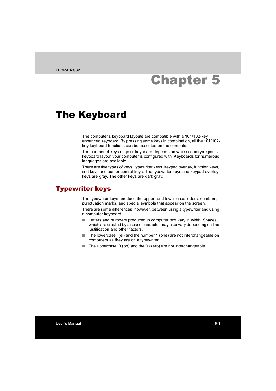 Chapter 5 the keyboard, Typewriter keys, Chapter 5: the keyboard | Typewriter keys -1, Chapter 5, The keyboard | Toshiba Tecra S2 User Manual | Page 112 / 182