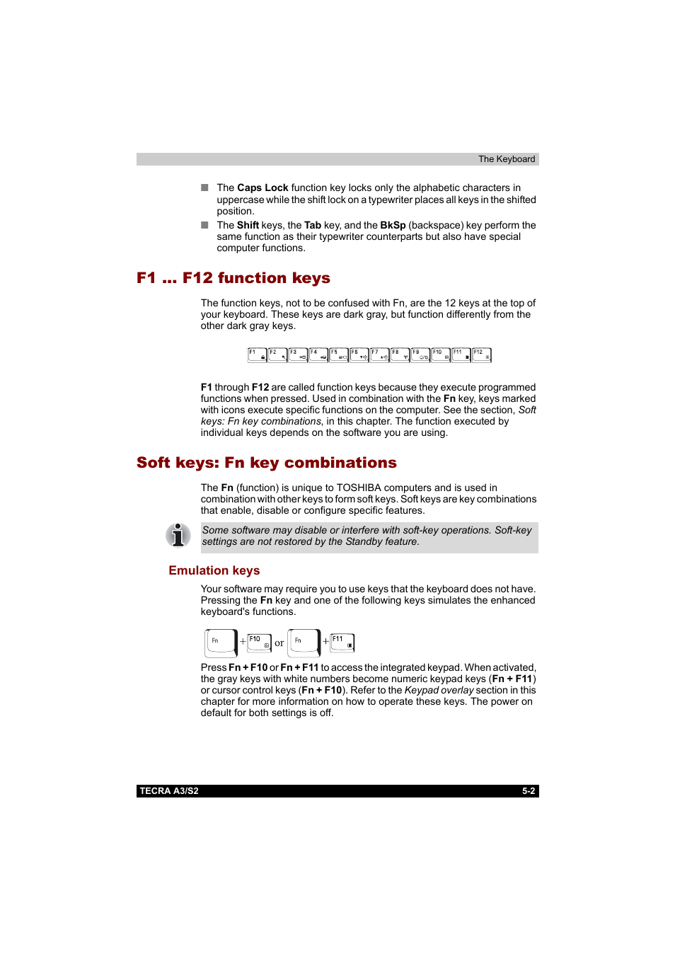 F1 ... f12 function keys, Soft keys: fn key combinations, Emulation keys | Emulation keys -2 | Toshiba Tecra S2 User Manual | Page 113 / 182