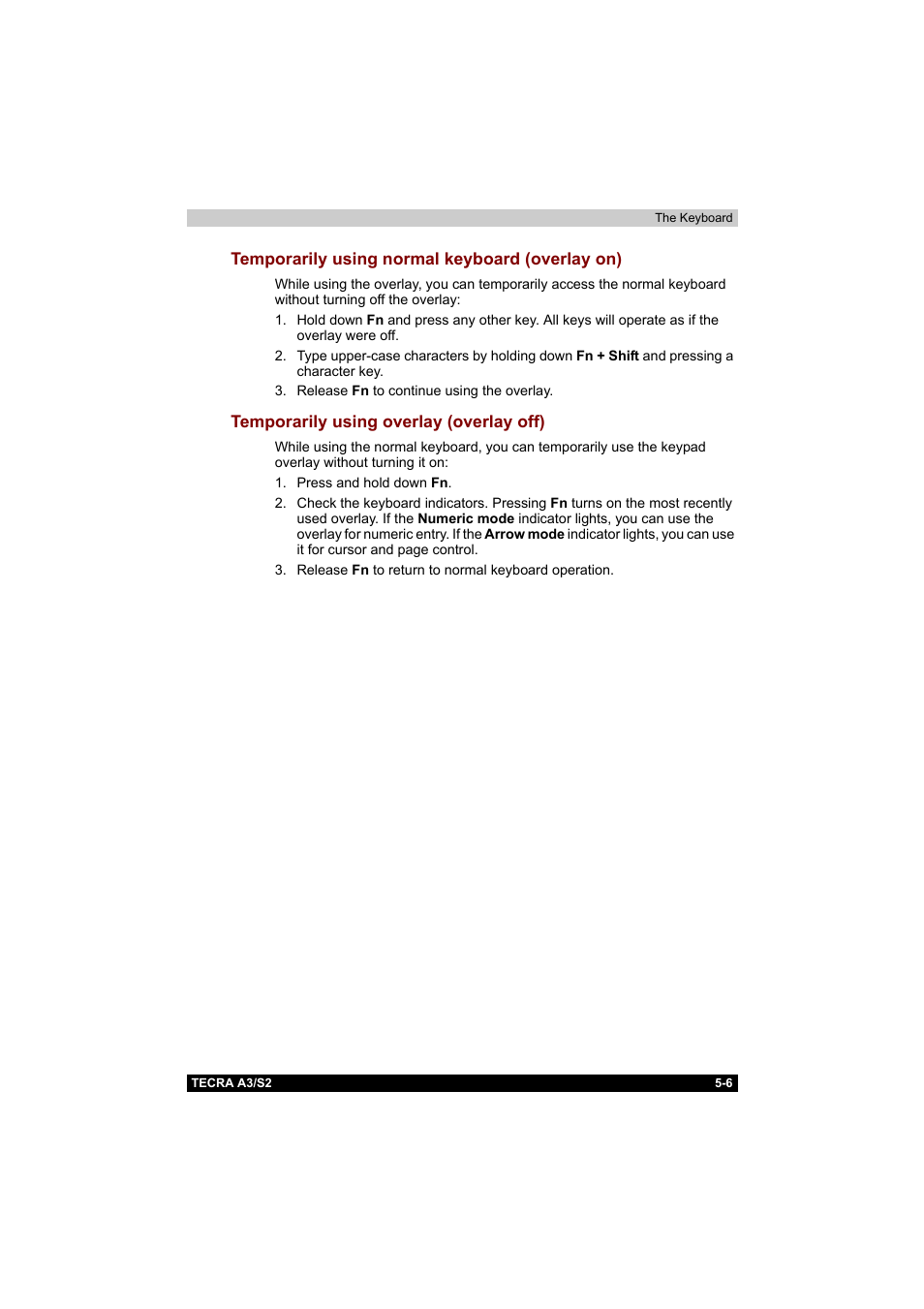 Temporarily using normal keyboard (overlay on), Temporarily using overlay (overlay off) | Toshiba Tecra S2 User Manual | Page 117 / 182