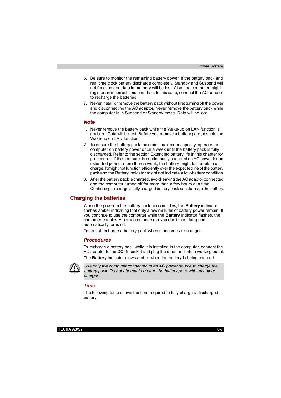 Charging the batteries, Charging the batteries -7 | Toshiba Tecra S2 User Manual | Page 124 / 182