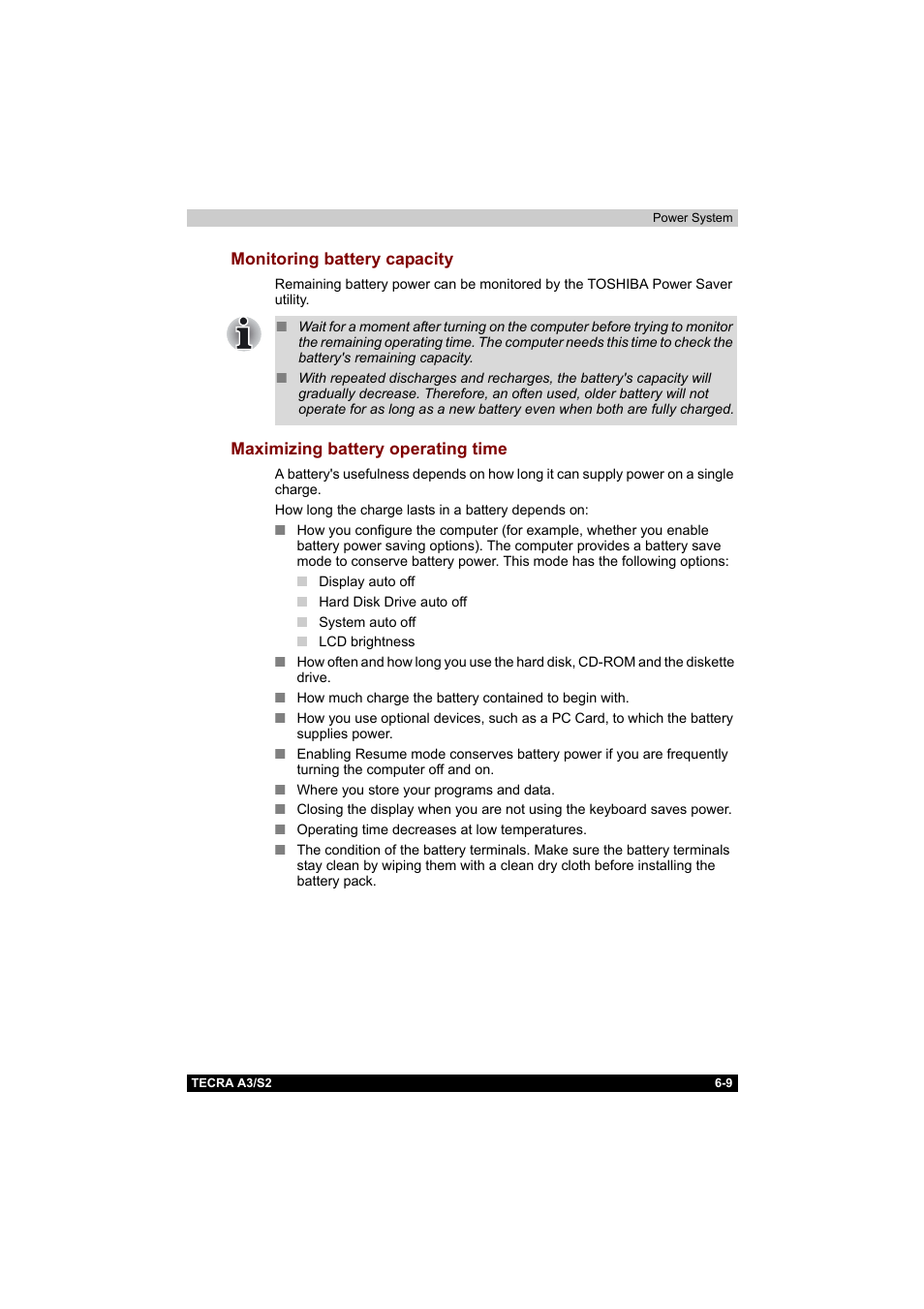 Monitoring battery capacity, Maximizing battery operating time | Toshiba Tecra S2 User Manual | Page 126 / 182