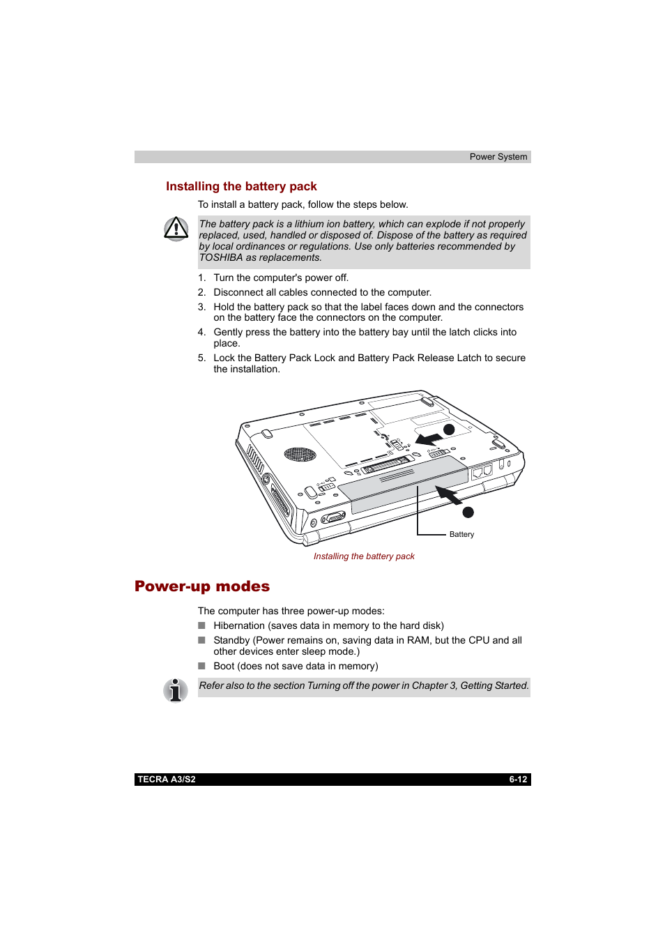 Installing the battery pack, Power-up modes, Installing the battery pack -12 | Power-up modes -12 | Toshiba Tecra S2 User Manual | Page 129 / 182