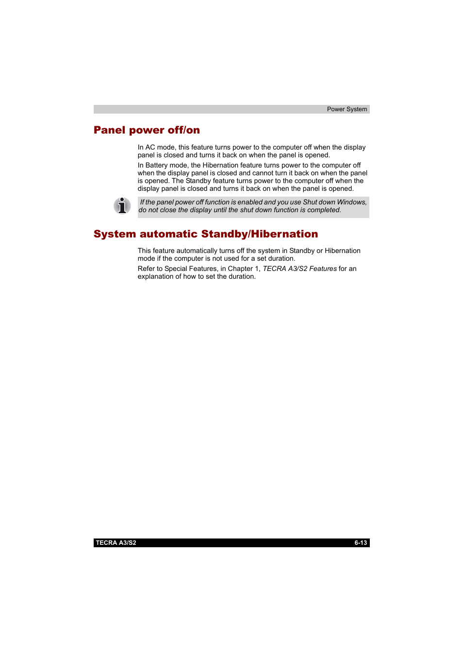 Panel power off/on, System automatic standby/hibernation | Toshiba Tecra S2 User Manual | Page 130 / 182