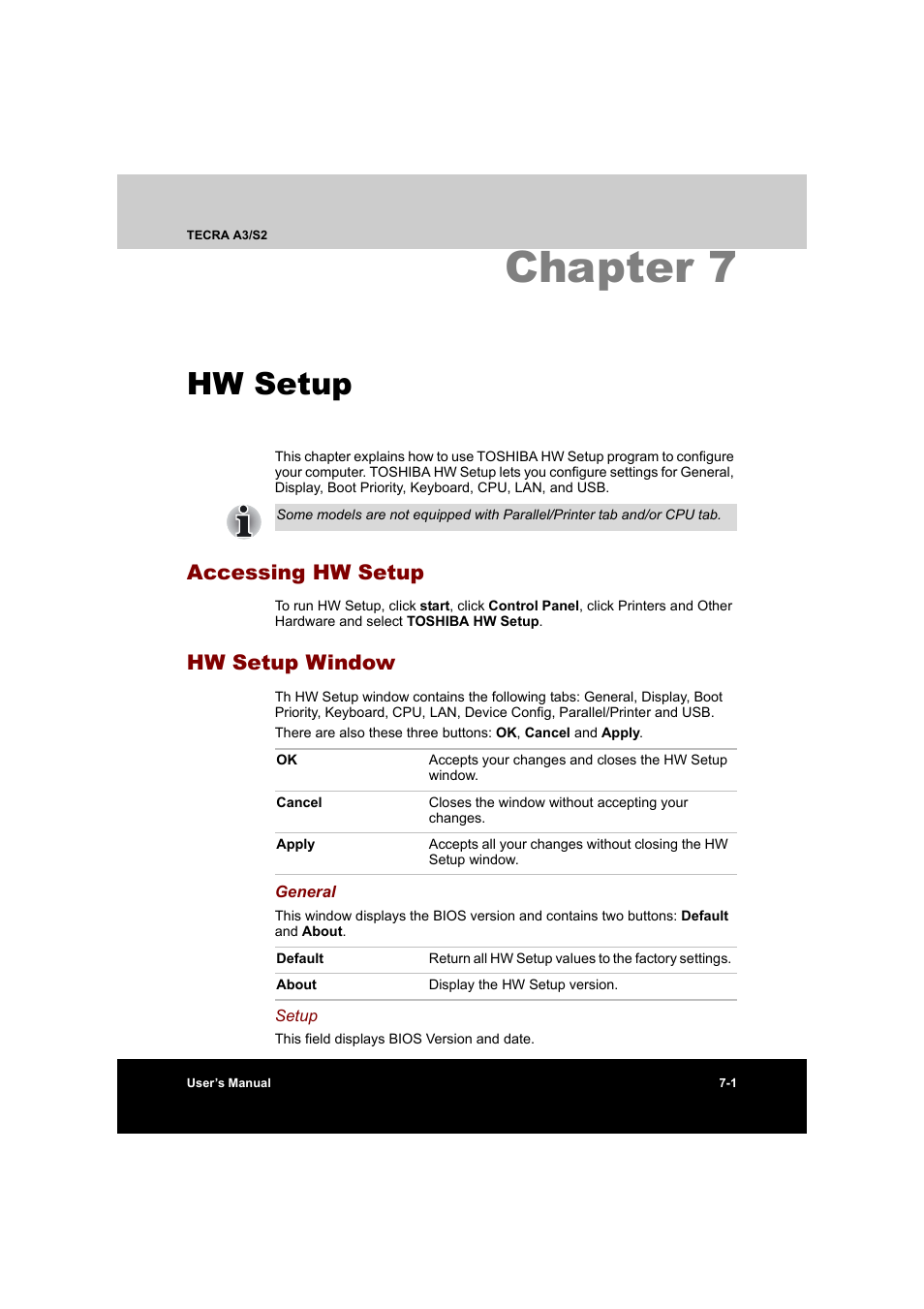 Chapter 7 hw setup, Accessing hw setup, Hw setup window | Chapter 7: hw setup, Accessing hw setup -1 hw setup window -1, Chapter 7, Hw setup | Toshiba Tecra S2 User Manual | Page 131 / 182