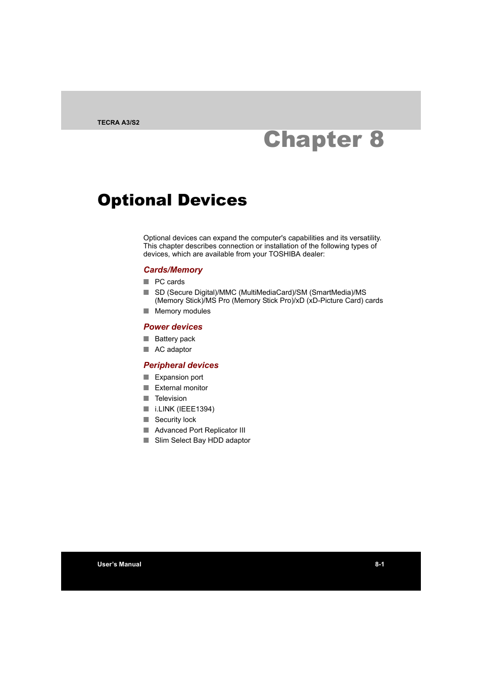 Chapter 8 optional devices, Chapter 8: optional devices, Chapter 8 | Optional devices | Toshiba Tecra S2 User Manual | Page 135 / 182