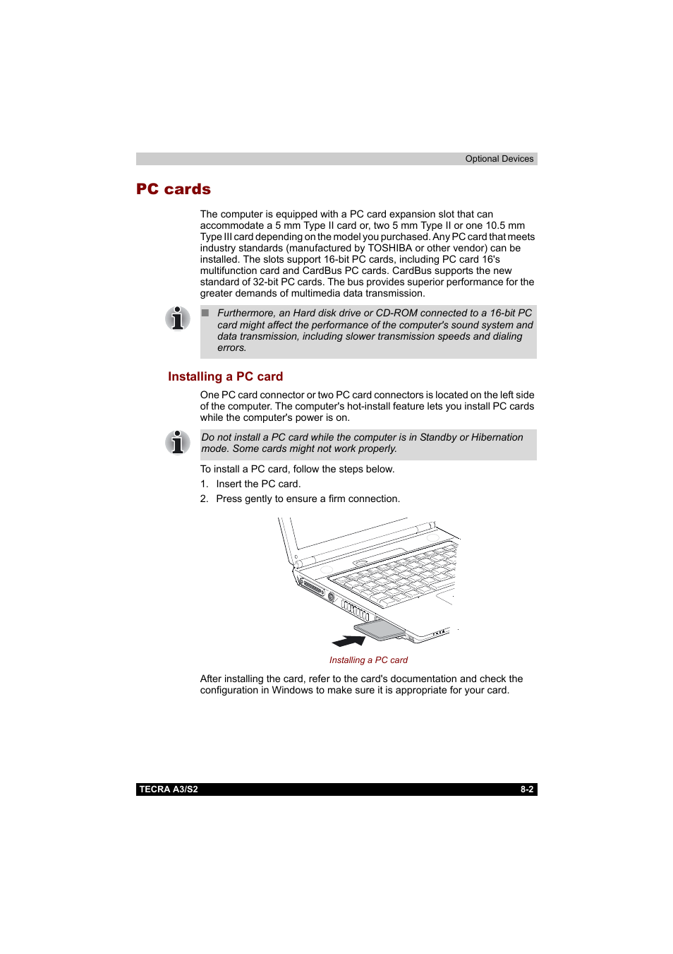 Pc cards, Installing a pc card, Pc cards -2 | Installing a pc card -2 | Toshiba Tecra S2 User Manual | Page 136 / 182