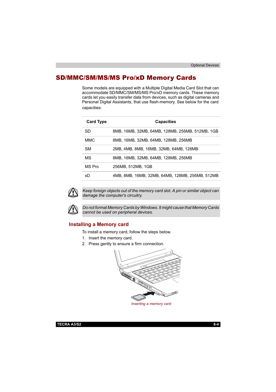 Sd/mmc/sm/ms/ms pro/xd memory cards, Installing a memory card, Sd/mmc/sm/ms/ms pro/xd memory cards -4 | Installing a memory card -4 | Toshiba Tecra S2 User Manual | Page 138 / 182