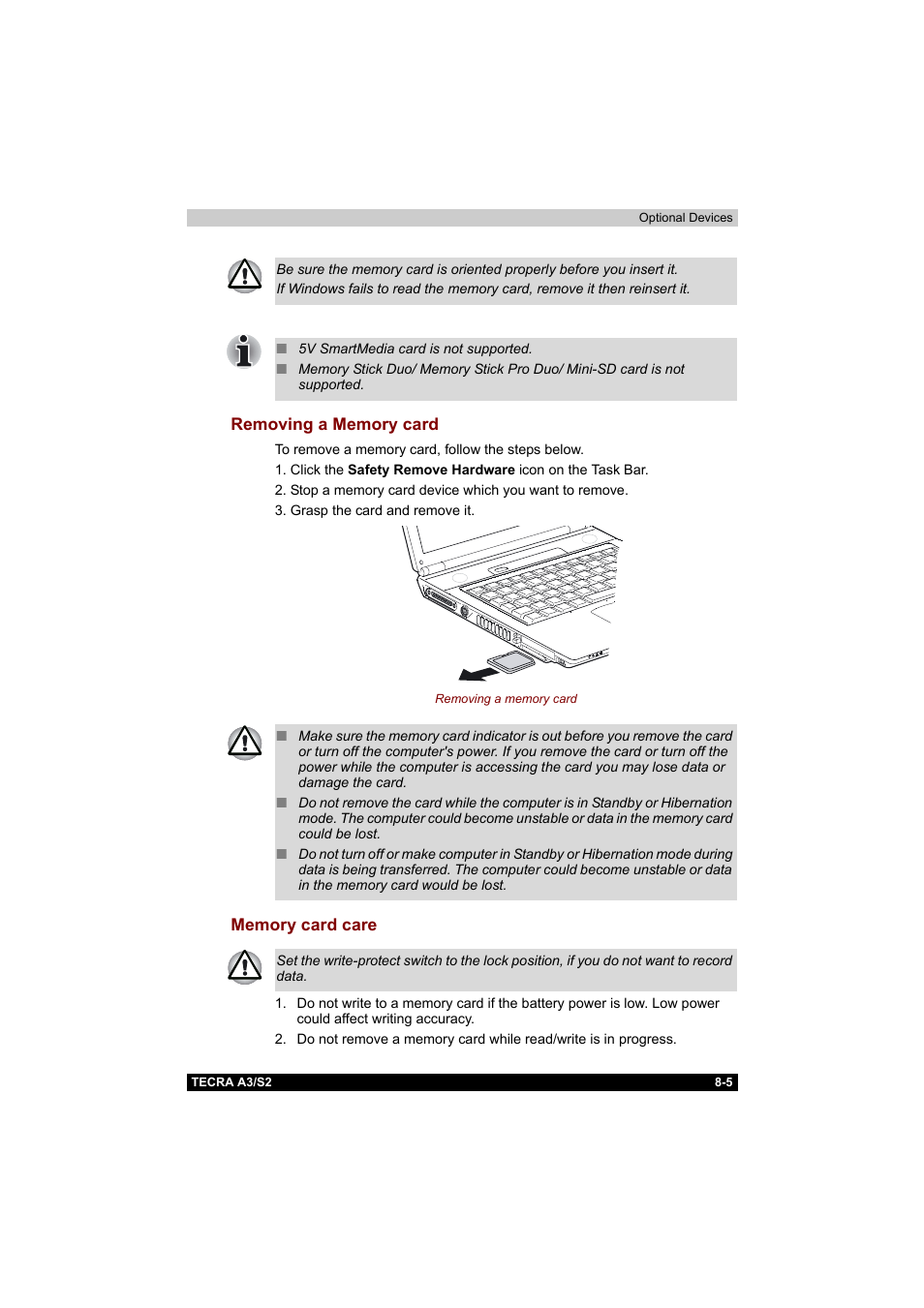 Removing a memory card, Memory card care, Removing a memory card -5 memory card care -5 | Toshiba Tecra S2 User Manual | Page 139 / 182