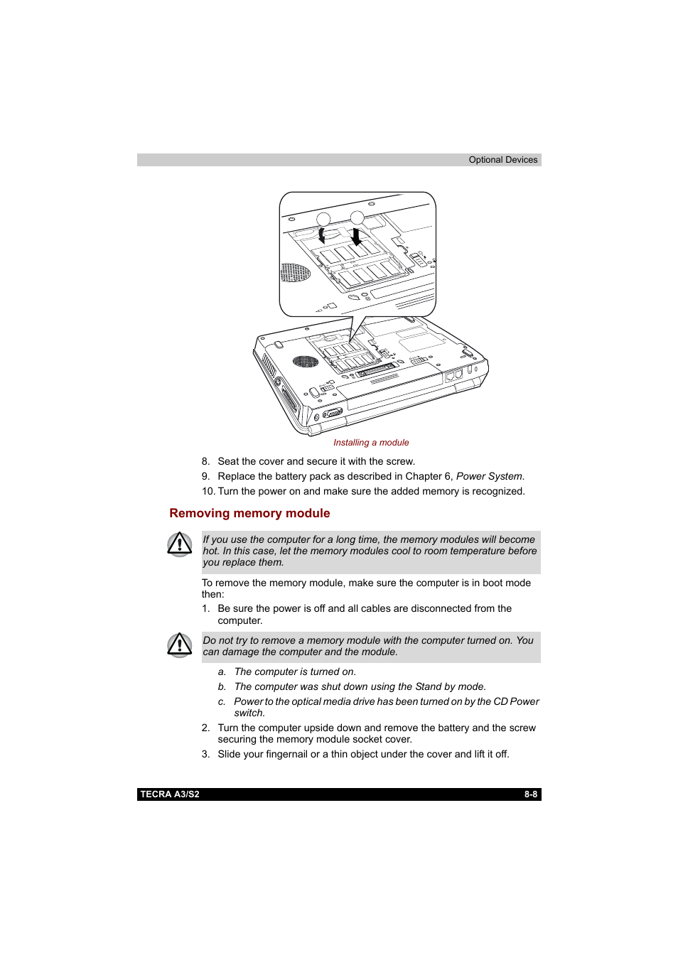 Removing memory module, Removing memory module -8 | Toshiba Tecra S2 User Manual | Page 142 / 182