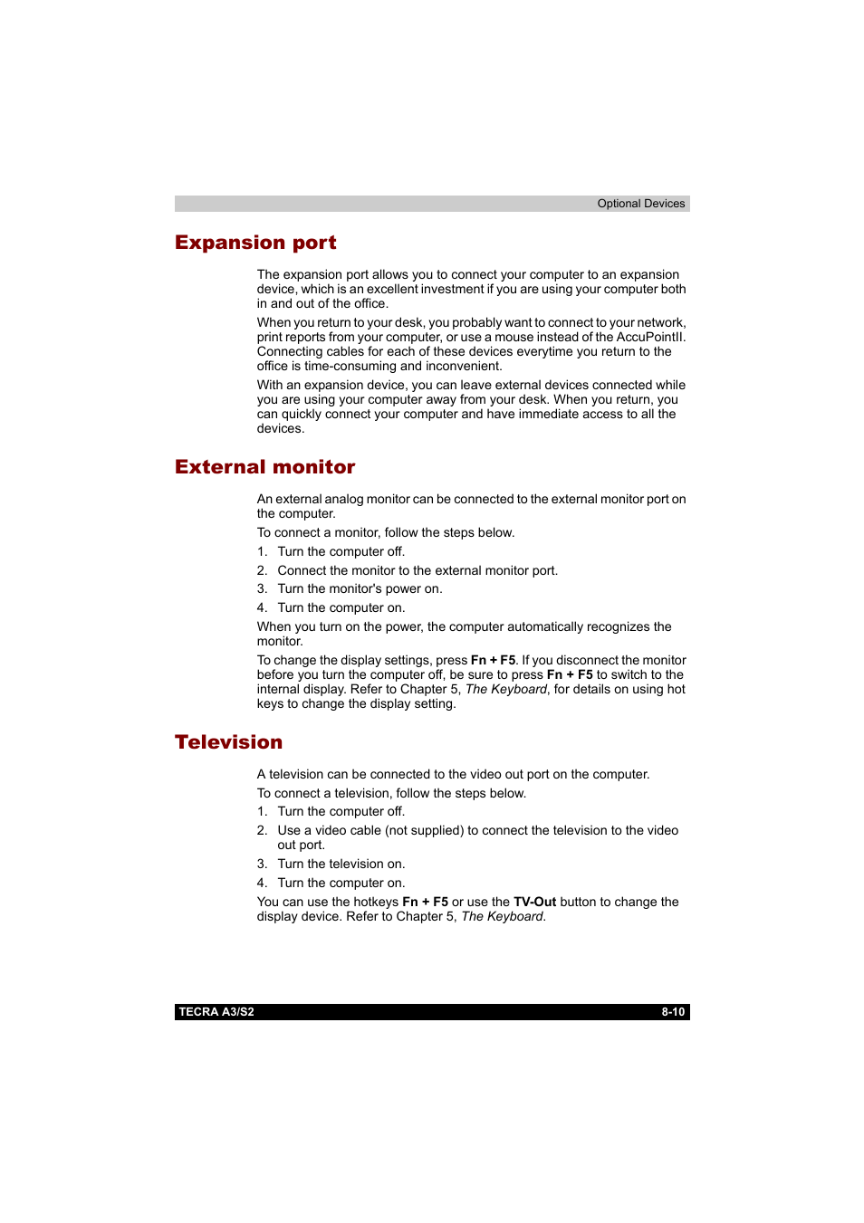 Expansion port, External monitor, Television | Toshiba Tecra S2 User Manual | Page 144 / 182