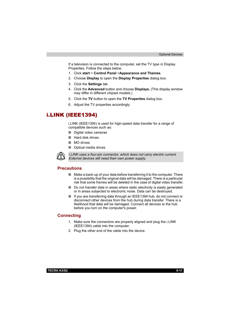 I.link (ieee1394), Precautions, Connecting | I.link (ieee1394) -11, Precautions -11 connecting -11 | Toshiba Tecra S2 User Manual | Page 145 / 182