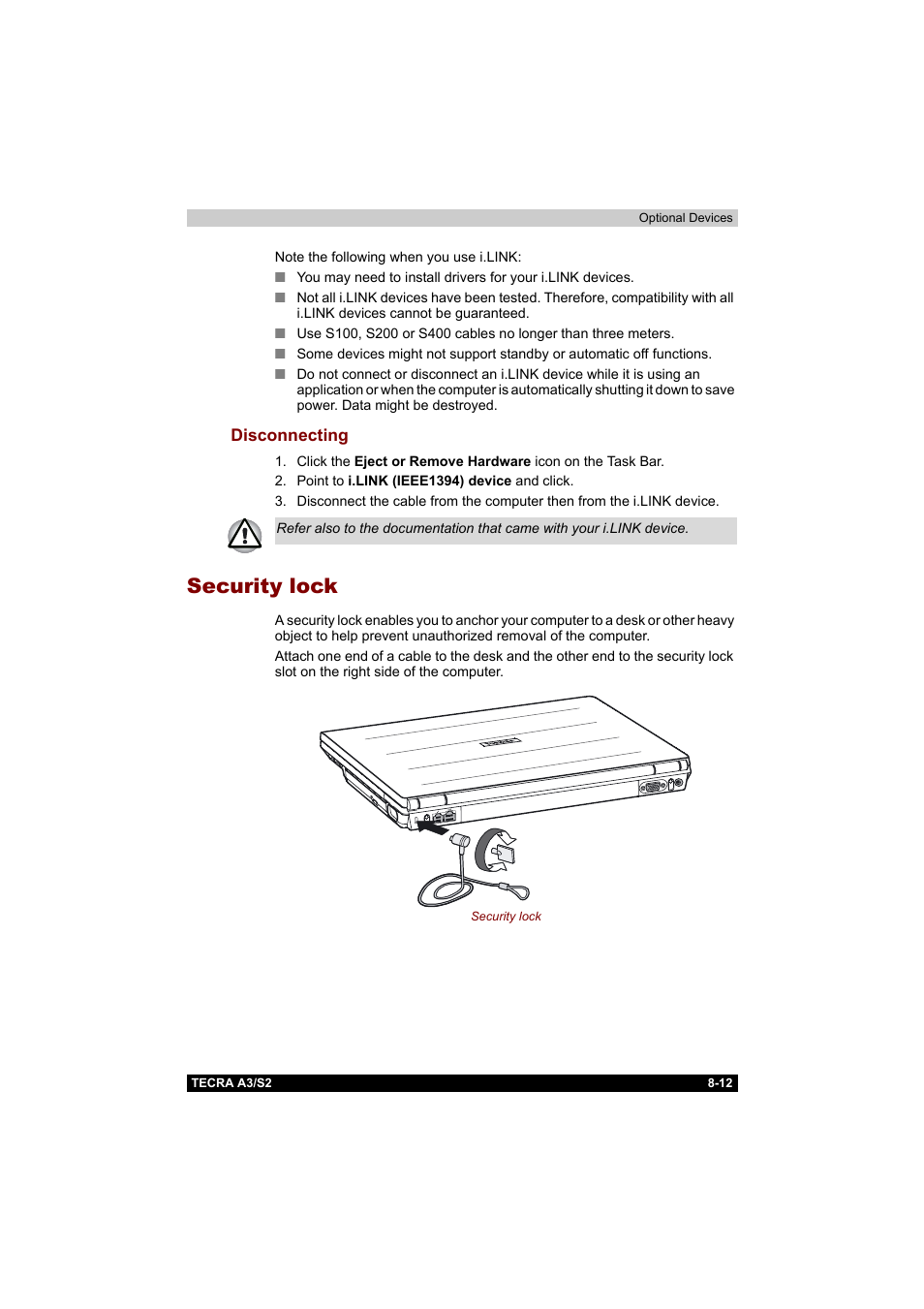 Disconnecting, Security lock, Disconnecting -12 | Security lock -12 | Toshiba Tecra S2 User Manual | Page 146 / 182