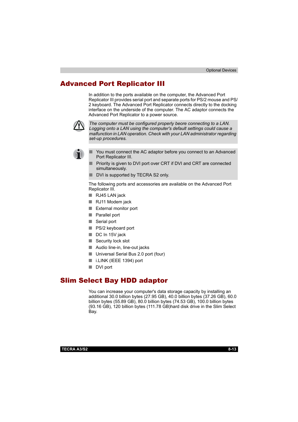 Advanced port replicator iii, Slim select bay hdd adaptor | Toshiba Tecra S2 User Manual | Page 147 / 182