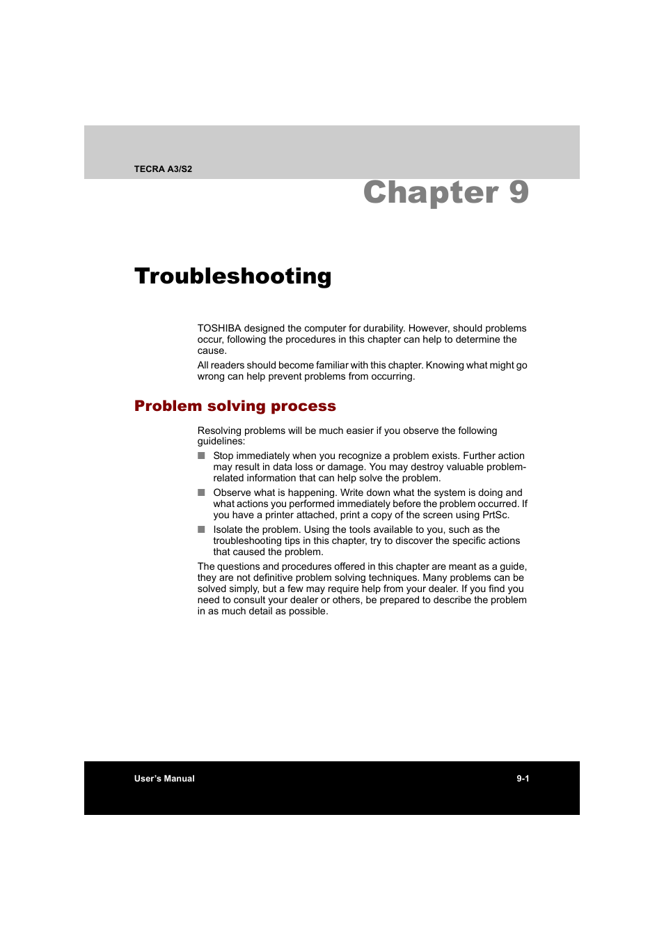 Chapter 9 troubleshooting, Problem solving process, Chapter 9: troubleshooting | Problem solving process -1, Chapter 9, Troubleshooting | Toshiba Tecra S2 User Manual | Page 149 / 182