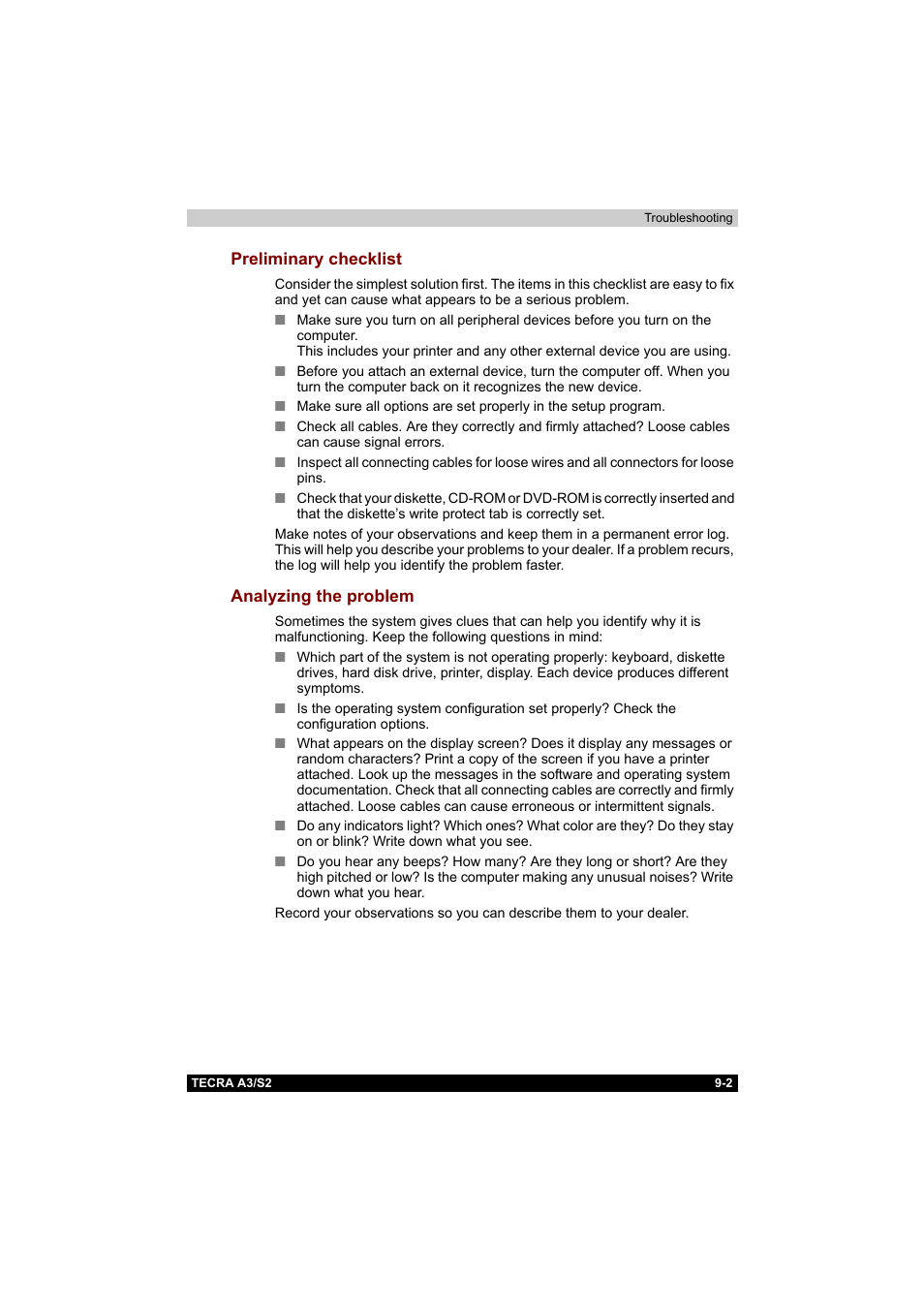 Preliminary checklist, Analyzing the problem, Preliminary checklist -2 analyzing the problem -2 | Toshiba Tecra S2 User Manual | Page 150 / 182