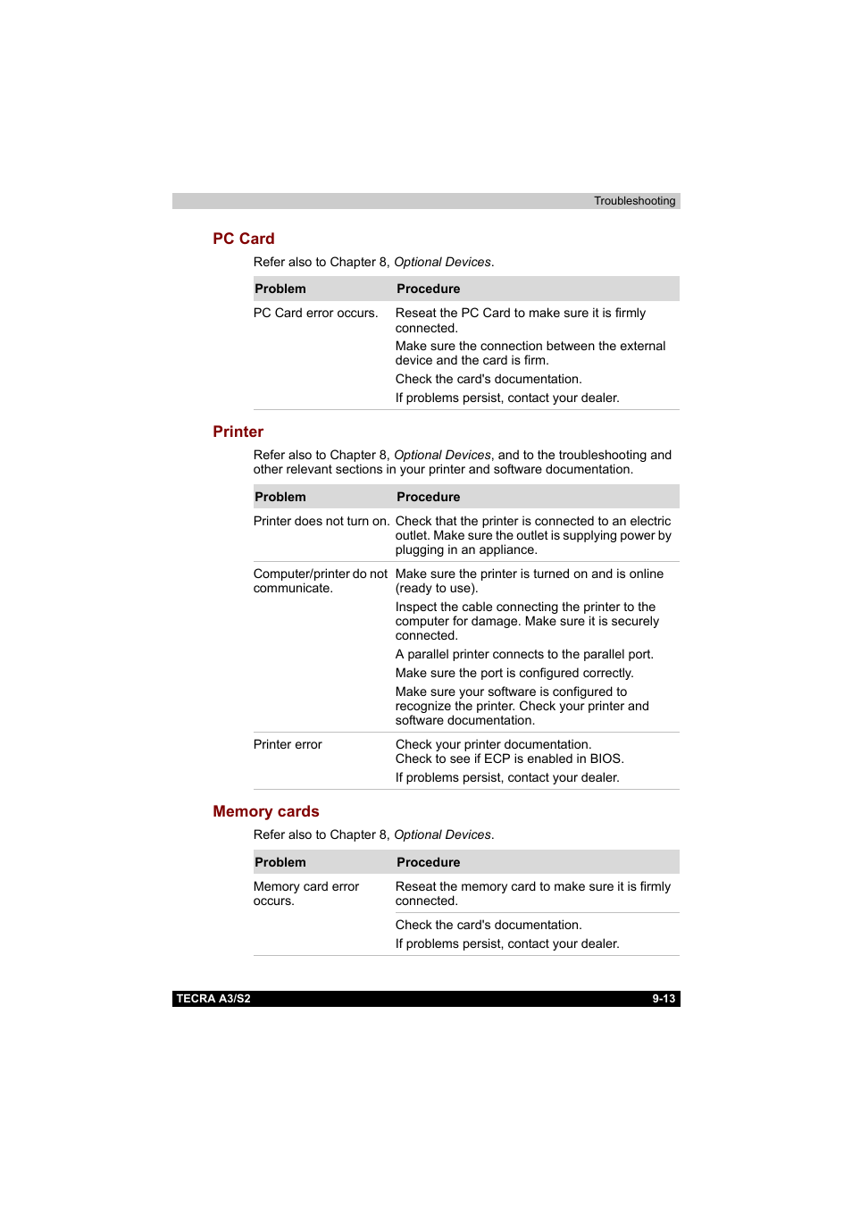 Pc card, Printer, Memory cards | Pc card -13 printer -13 memory cards -13 | Toshiba Tecra S2 User Manual | Page 161 / 182