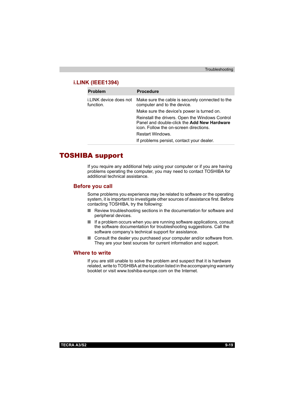 I.link (ieee1394), Toshiba support, Before you call | Where to write, I.link (ieee1394) -19, Toshiba support -19, Before you call -19 where to write -19 | Toshiba Tecra S2 User Manual | Page 167 / 182