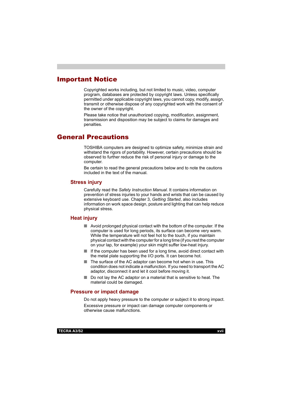 Important notice, General precautions | Toshiba Tecra S2 User Manual | Page 17 / 182