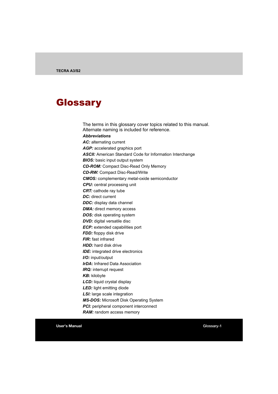 Glossary | Toshiba Tecra S2 User Manual | Page 175 / 182