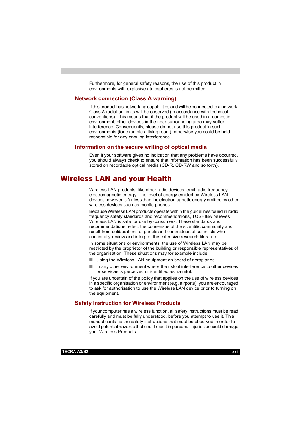 Wireless lan and your health | Toshiba Tecra S2 User Manual | Page 21 / 182