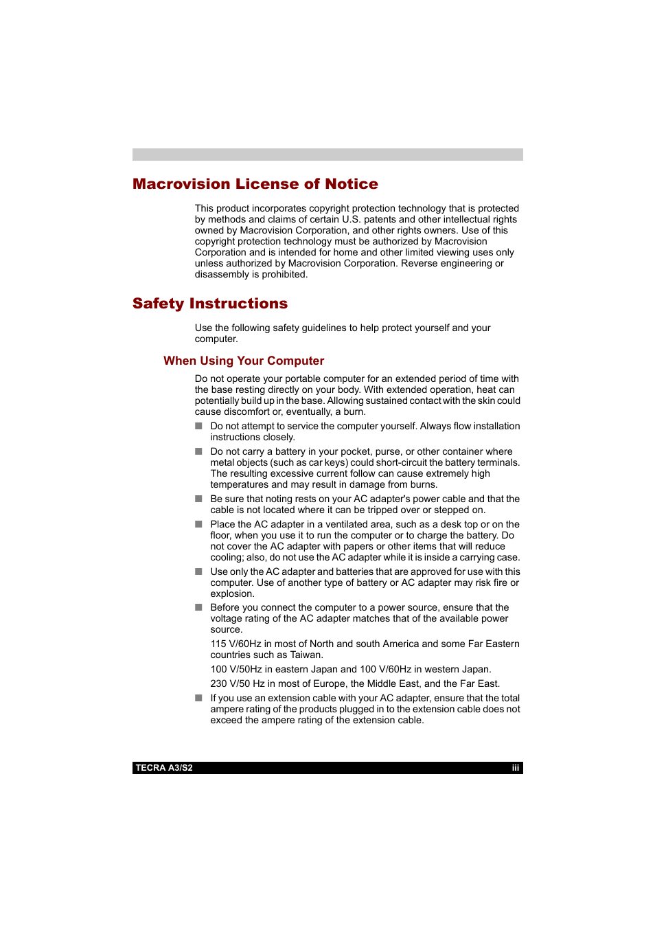 Macrovision license of notice, Safety instructions | Toshiba Tecra S2 User Manual | Page 3 / 182