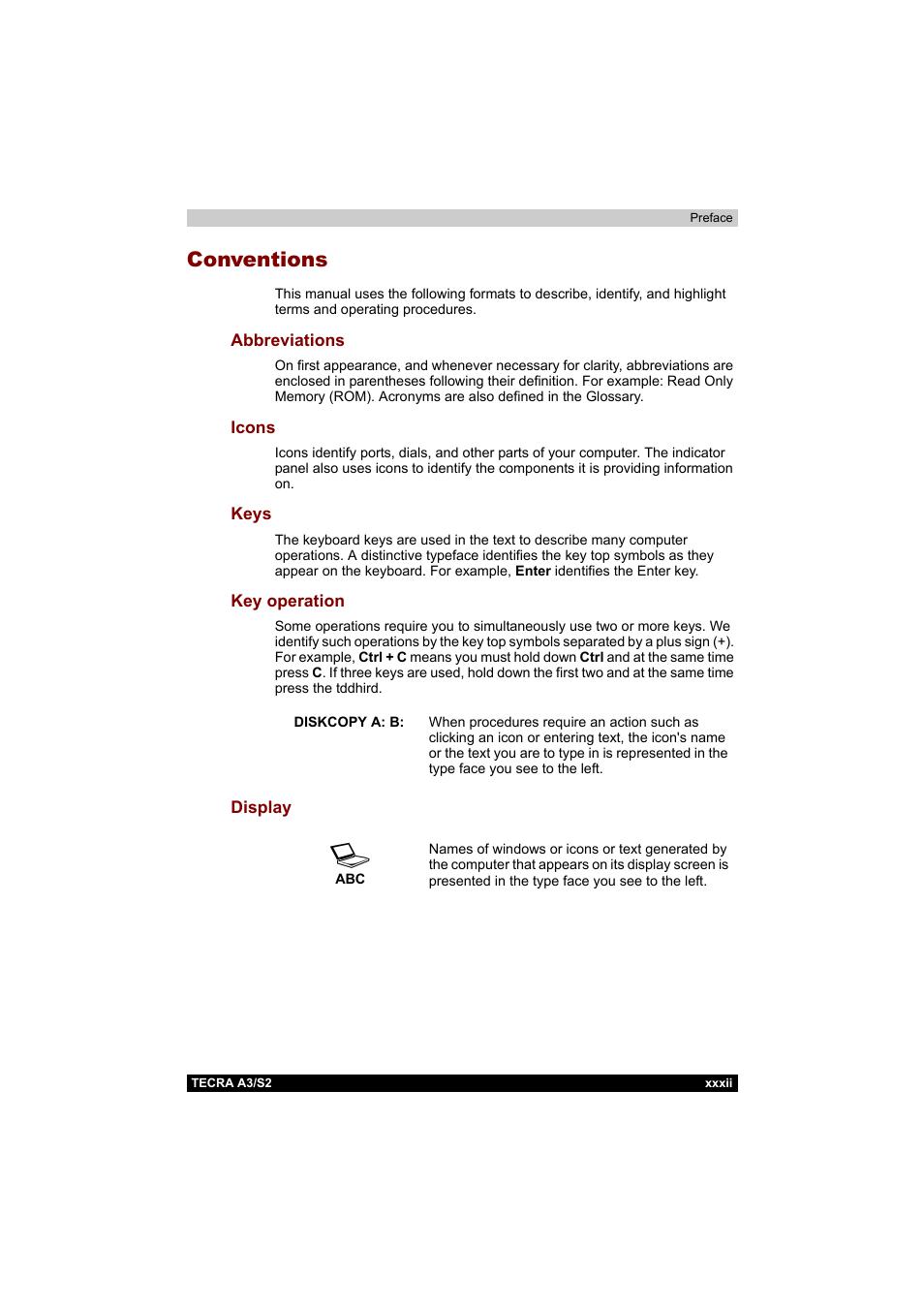 Conventions | Toshiba Tecra S2 User Manual | Page 32 / 182
