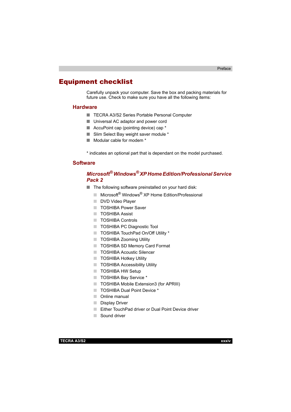 Equipment checklist | Toshiba Tecra S2 User Manual | Page 34 / 182