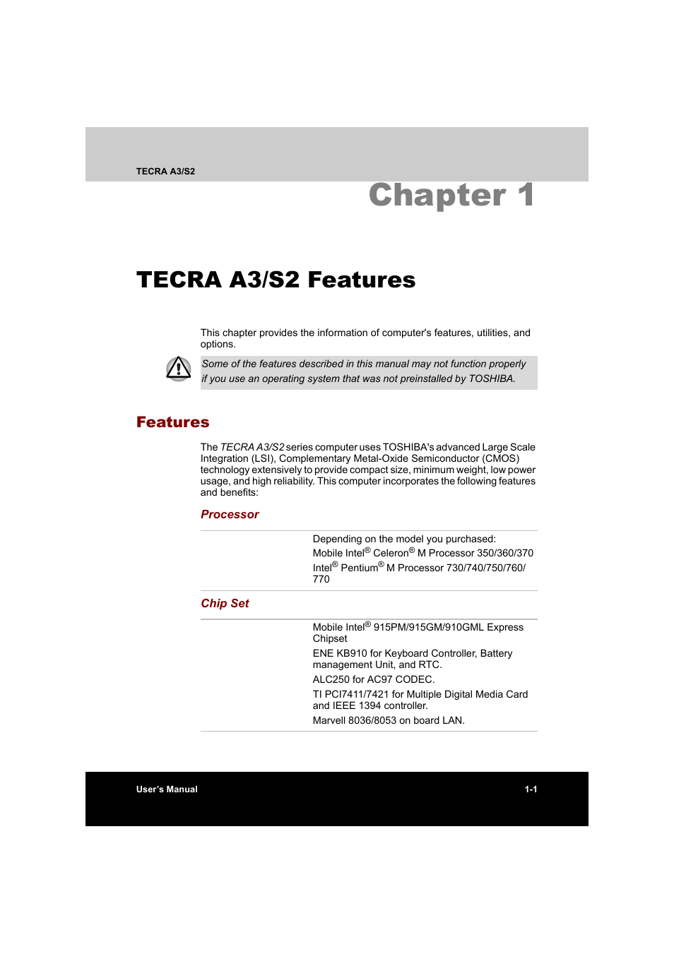 Chapter 1 tecra a3/s2 features, Features, Chapter 1 | Tecra a3/s2 features | Toshiba Tecra S2 User Manual | Page 36 / 182
