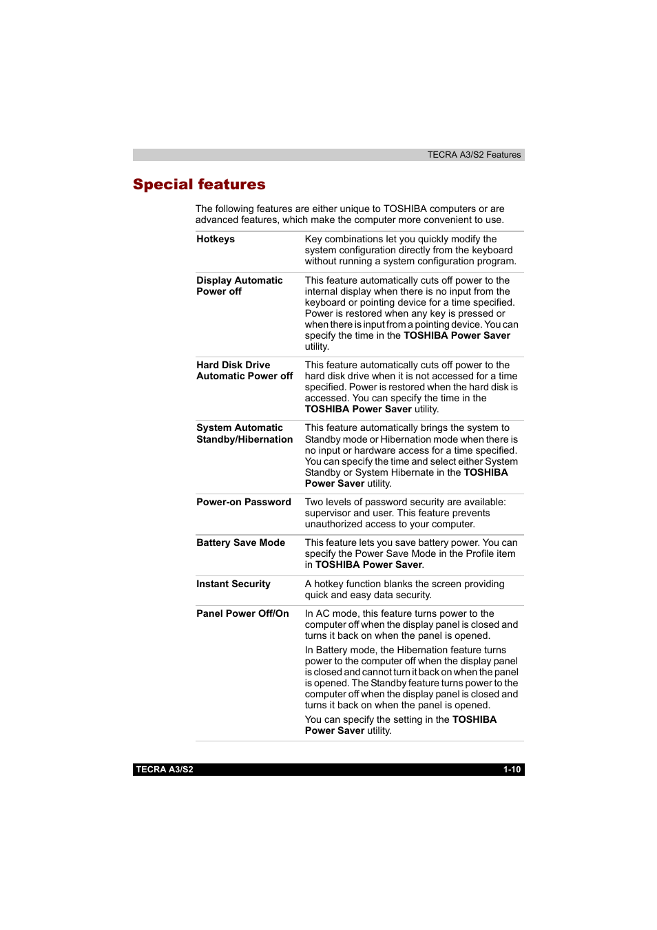 Special features | Toshiba Tecra S2 User Manual | Page 45 / 182