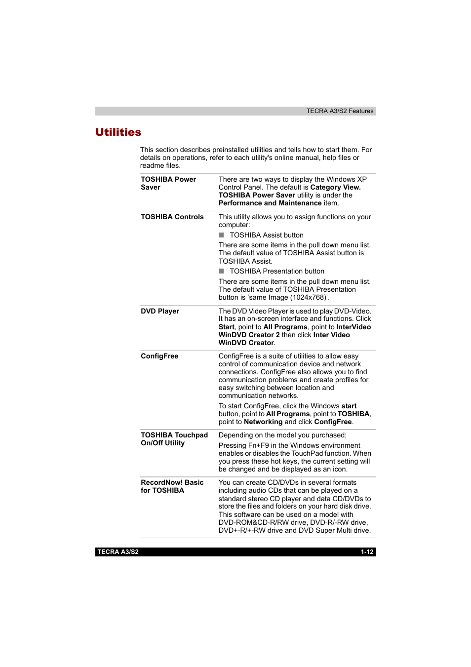 Utilities | Toshiba Tecra S2 User Manual | Page 47 / 182