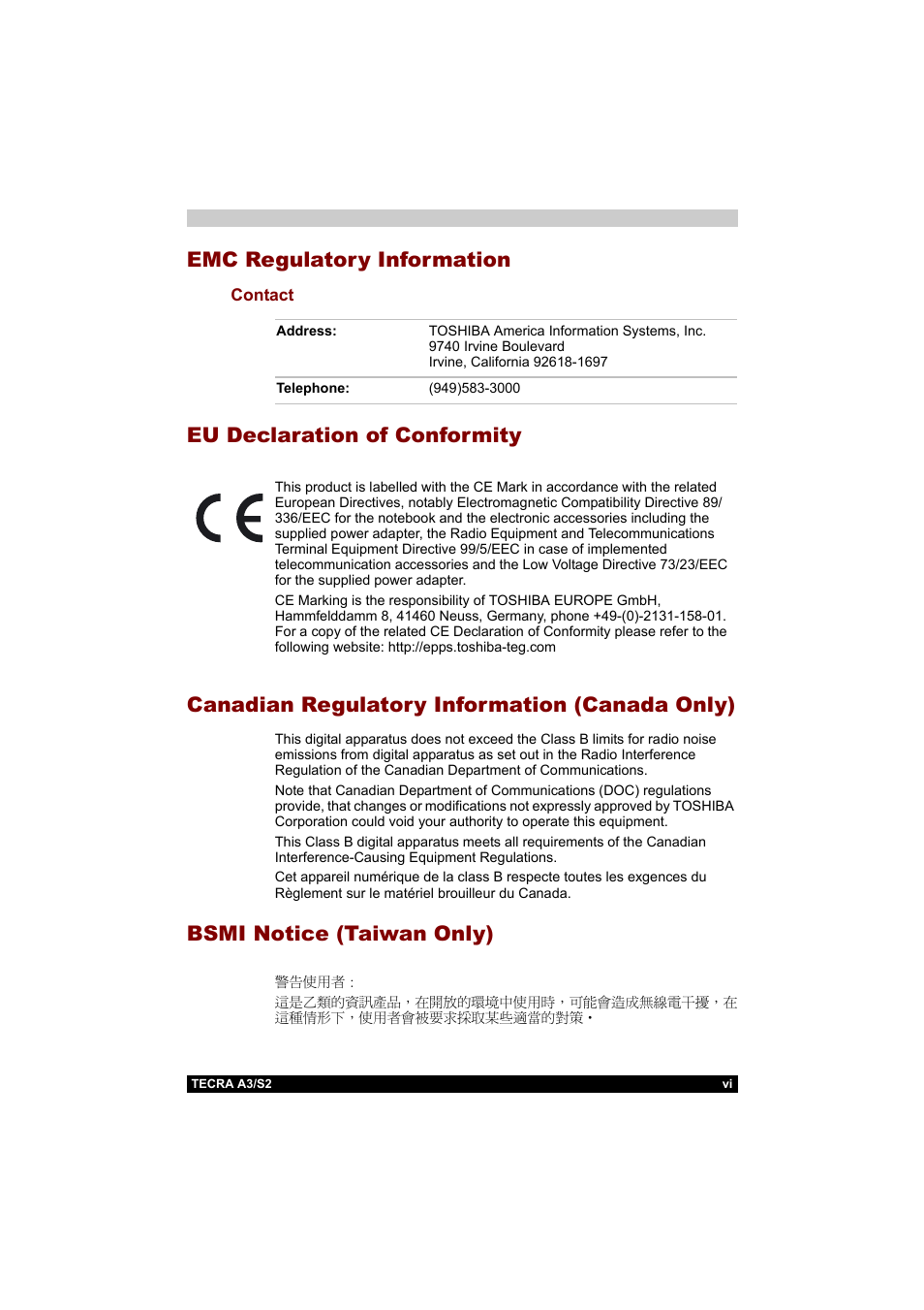 Emc regulatory information, Bsmi notice (taiwan only) | Toshiba Tecra S2 User Manual | Page 6 / 182