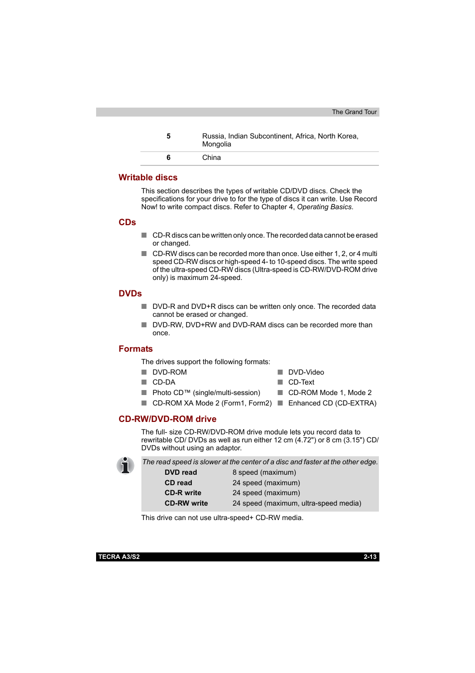 Writable discs, Dvds, Formats | Cd-rw/dvd-rom drive, Writable discs -13 cds -13, Dvds -13 formats -13 cd-rw/dvd-rom drive -13 | Toshiba Tecra S2 User Manual | Page 62 / 182