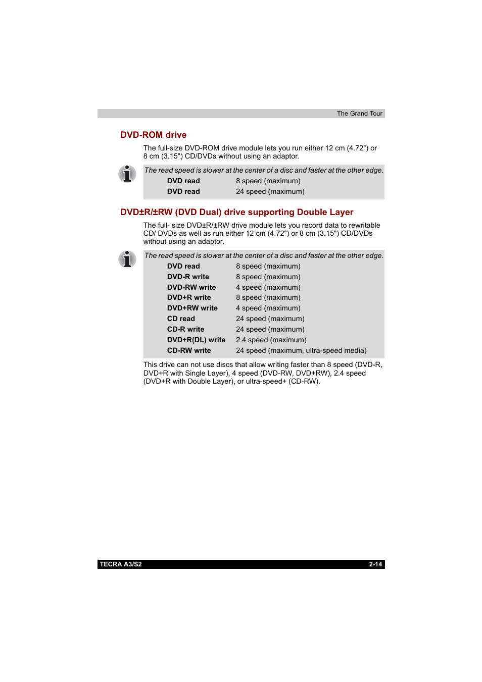 Dvd-rom drive, Dvd±r/±rw (dvd dual) drive supporting double layer | Toshiba Tecra S2 User Manual | Page 63 / 182