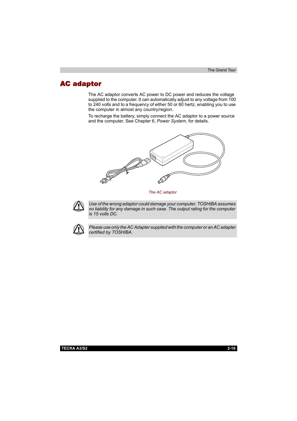 Ac adaptor | Toshiba Tecra S2 User Manual | Page 65 / 182