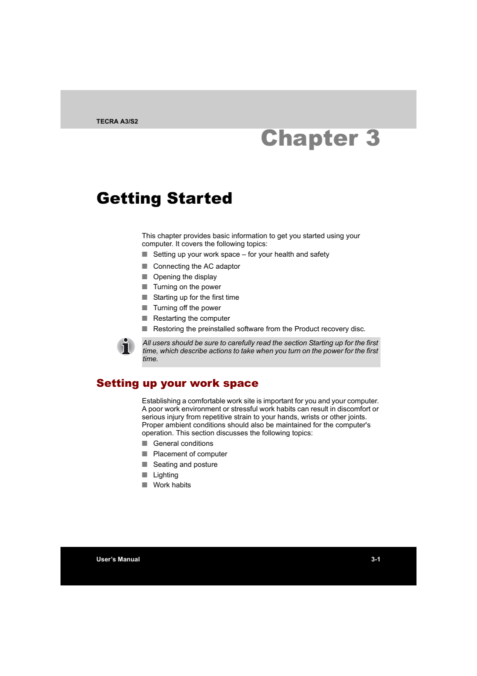 Chapter 3 getting started, Setting up your work space, Chapter 3: getting started | Setting up your work space -1, Chapter 3, Getting started | Toshiba Tecra S2 User Manual | Page 66 / 182