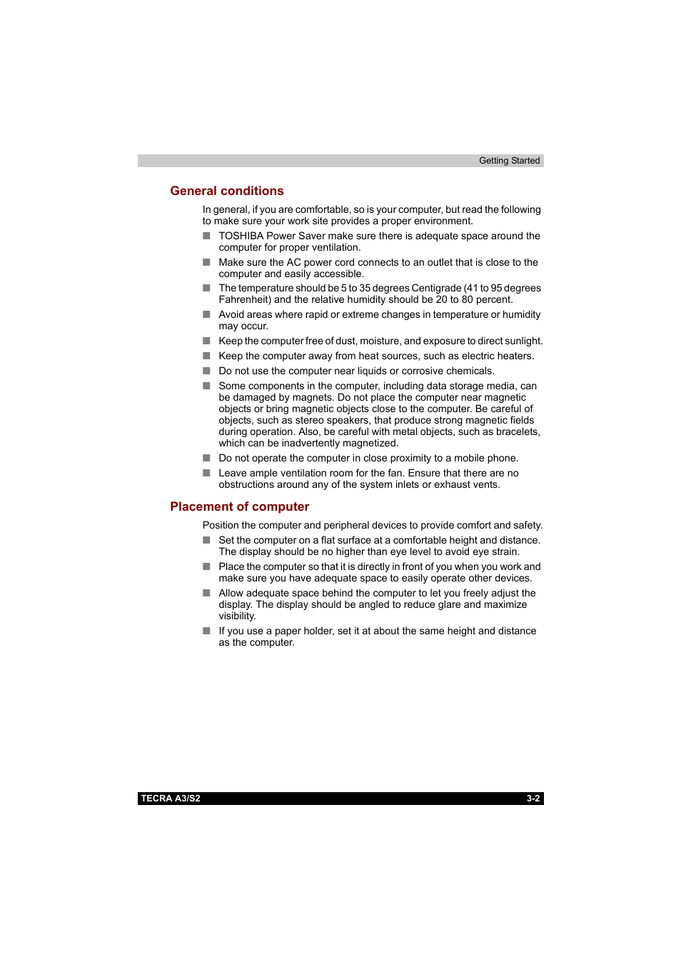 General conditions, Placement of computer, General conditions -2 placement of computer -2 | Toshiba Tecra S2 User Manual | Page 67 / 182