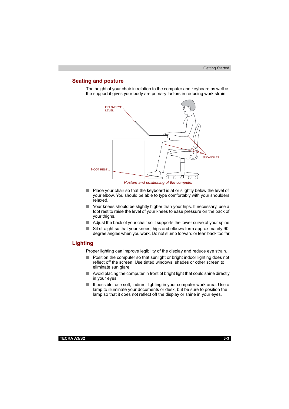 Seating and posture, Lighting, Seating and posture -3 lighting -3 | Toshiba Tecra S2 User Manual | Page 68 / 182