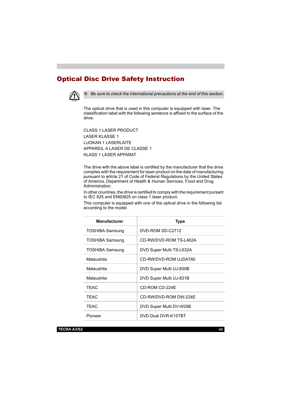 Optical disc drive safety instruction | Toshiba Tecra S2 User Manual | Page 7 / 182