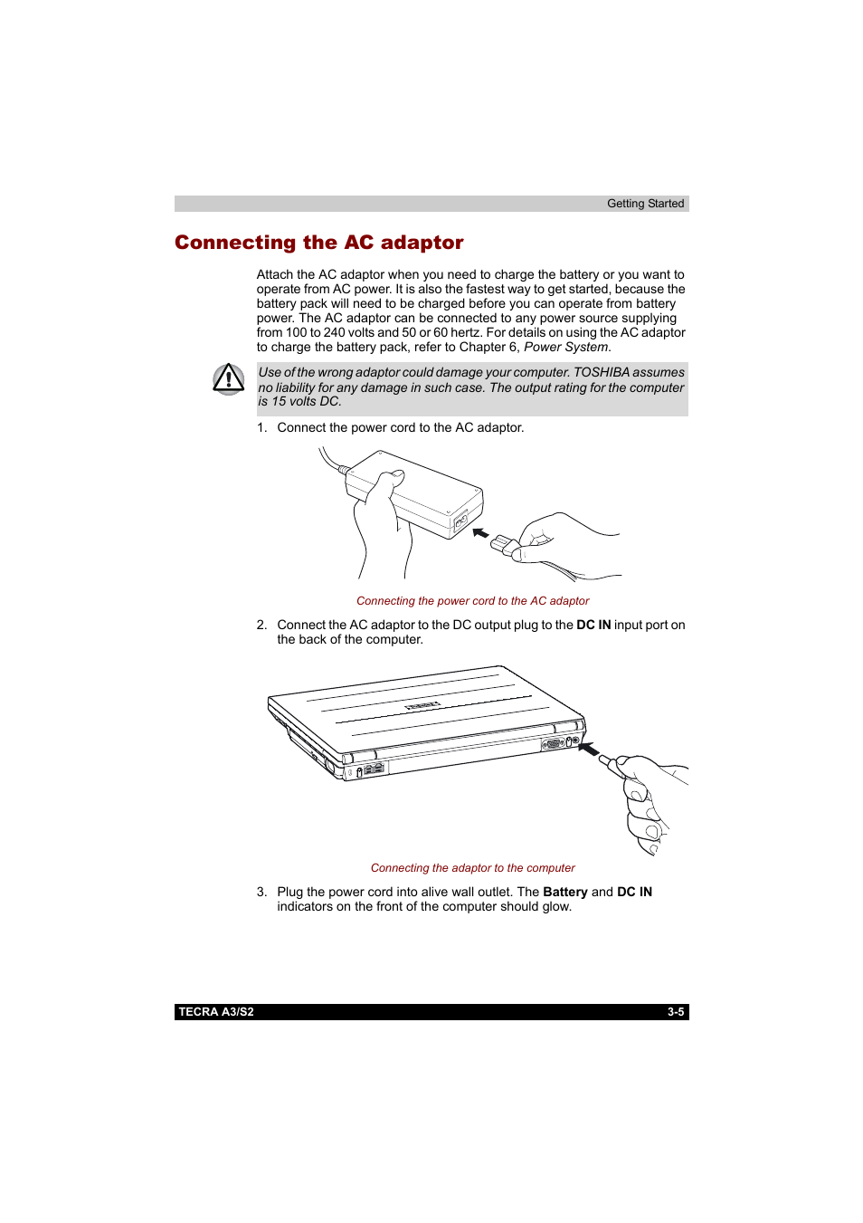 Connecting the ac adaptor, Connecting the ac adaptor -5 | Toshiba Tecra S2 User Manual | Page 70 / 182