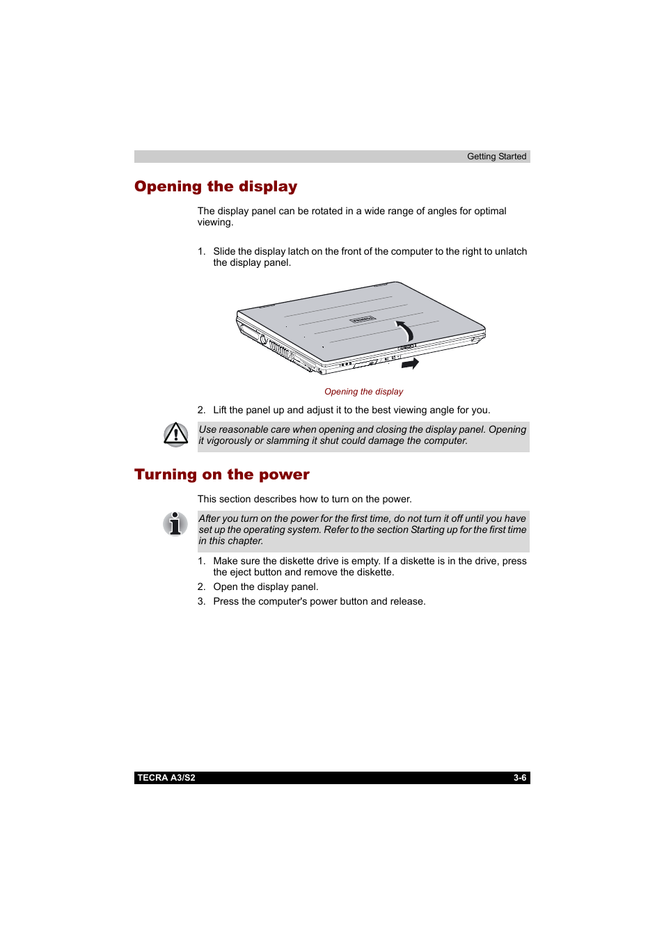 Opening the display, Turning on the power, Opening the display -6 turning on the power -6 | Toshiba Tecra S2 User Manual | Page 71 / 182
