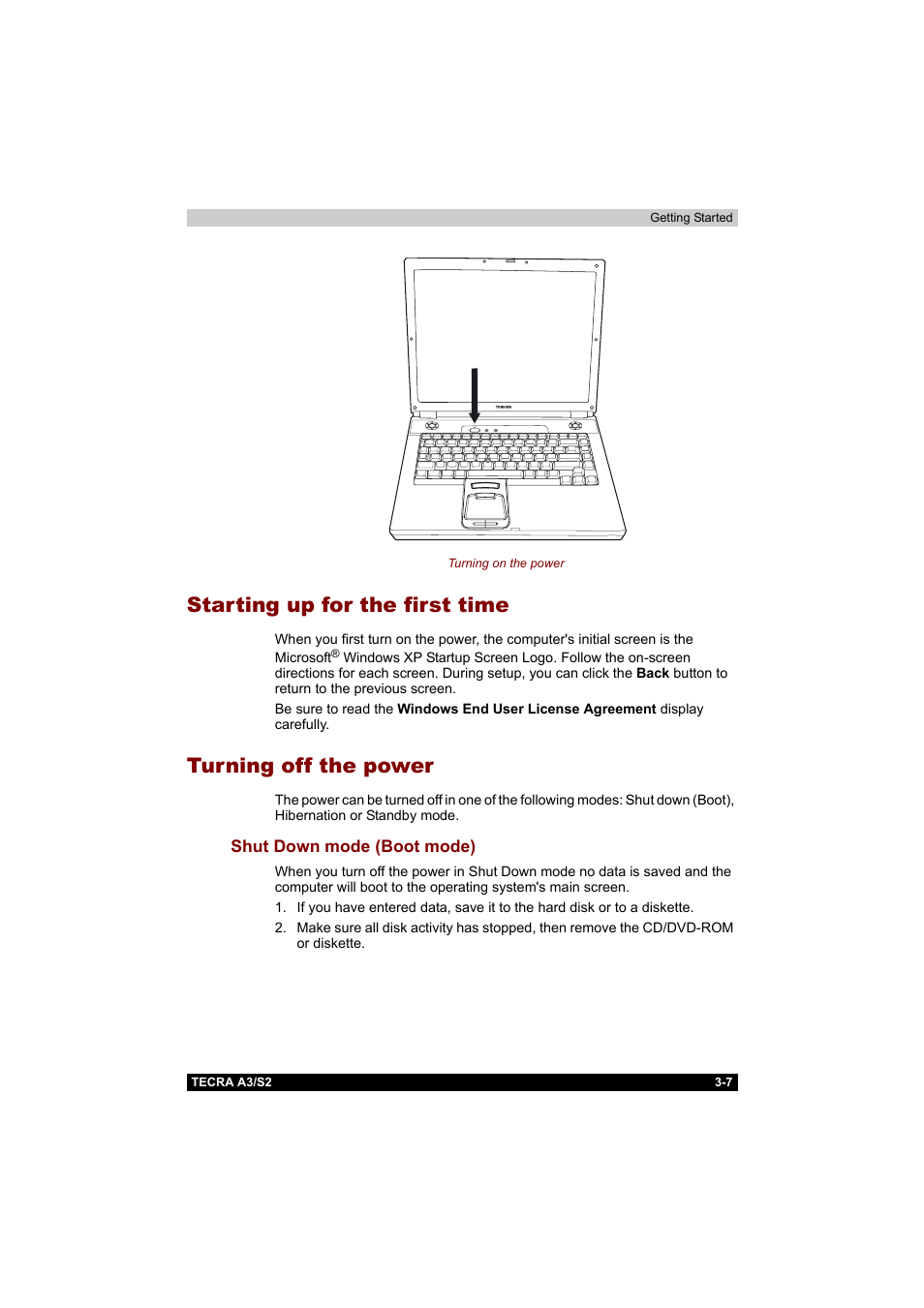 Starting up for the first time, Turning off the power, Shut down mode (boot mode) | Shut down mode (boot mode) -7 | Toshiba Tecra S2 User Manual | Page 72 / 182