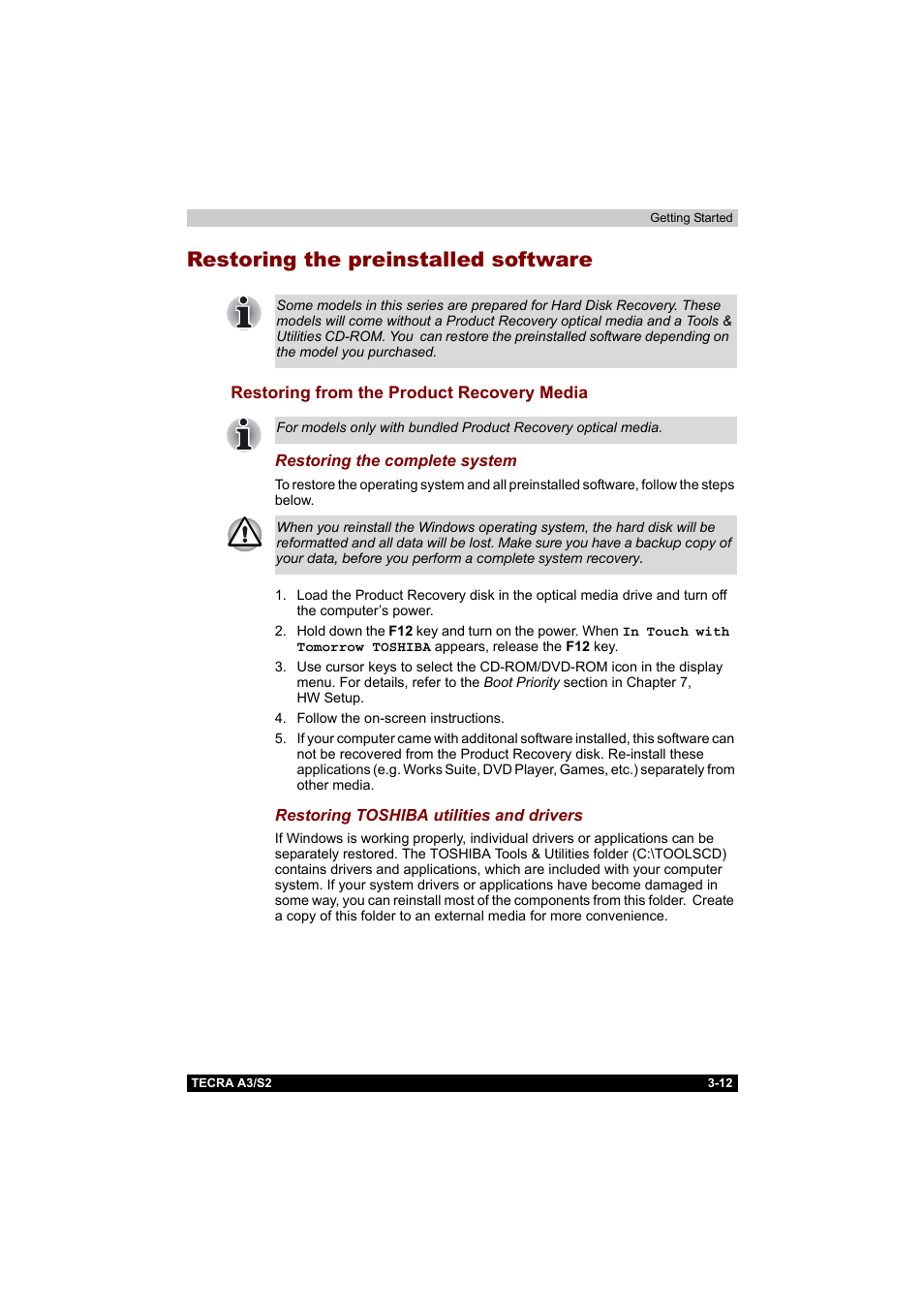 Restoring the preinstalled software, Restoring from the product recovery media, Restoring the preinstalled software -12 | Restoring from the product recovery media -12 | Toshiba Tecra S2 User Manual | Page 77 / 182