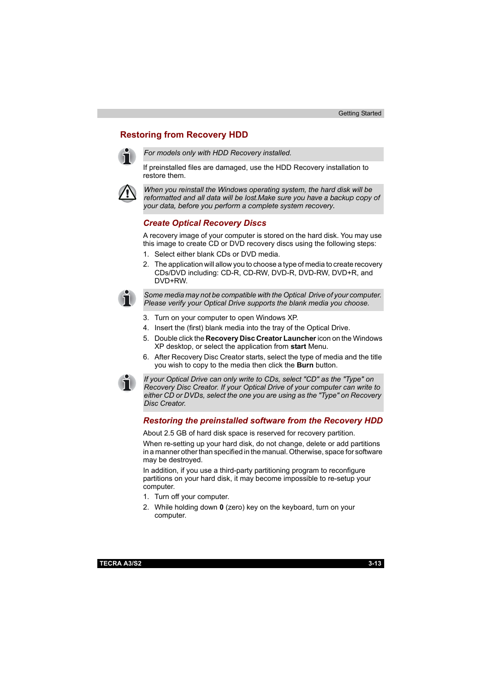 Restoring from recovery hdd, Restoring from recovery hdd -13 | Toshiba Tecra S2 User Manual | Page 78 / 182