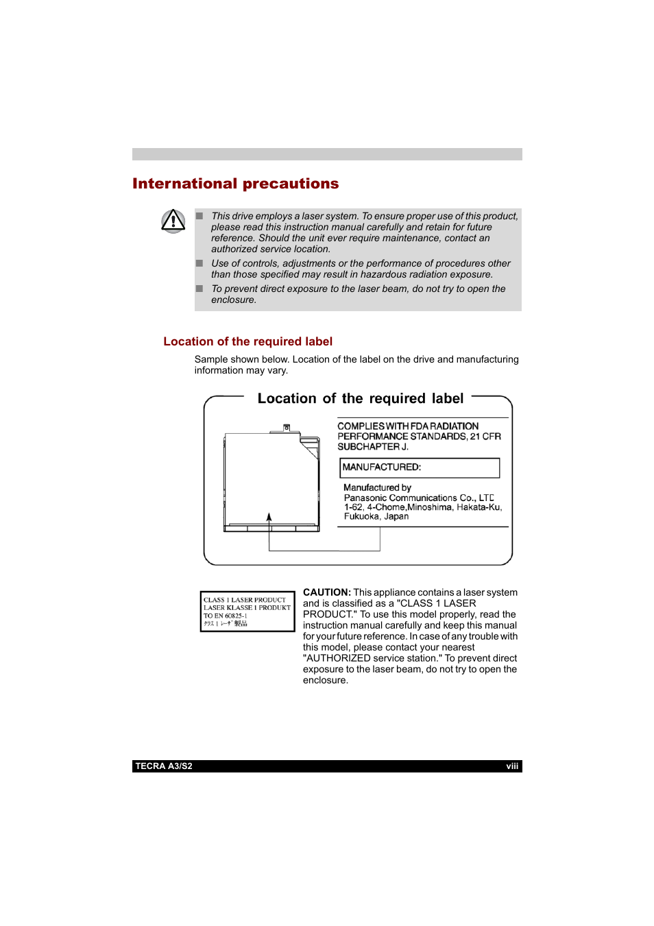 International precautions | Toshiba Tecra S2 User Manual | Page 8 / 182