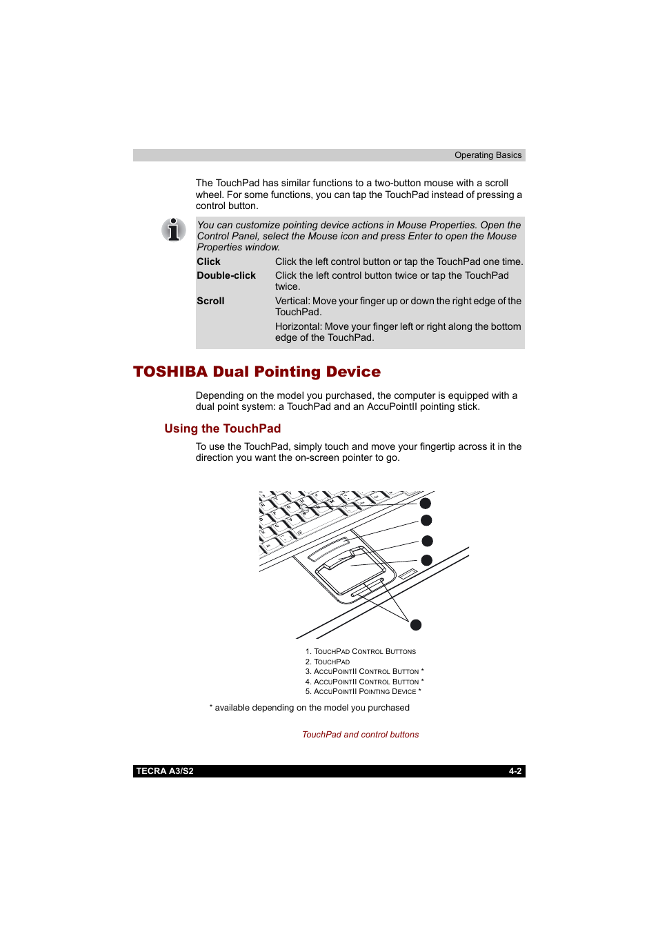 Toshiba dual pointing device, Using the touchpad, Toshiba dual pointing device -2 | Using the touchpad -2 | Toshiba Tecra S2 User Manual | Page 81 / 182