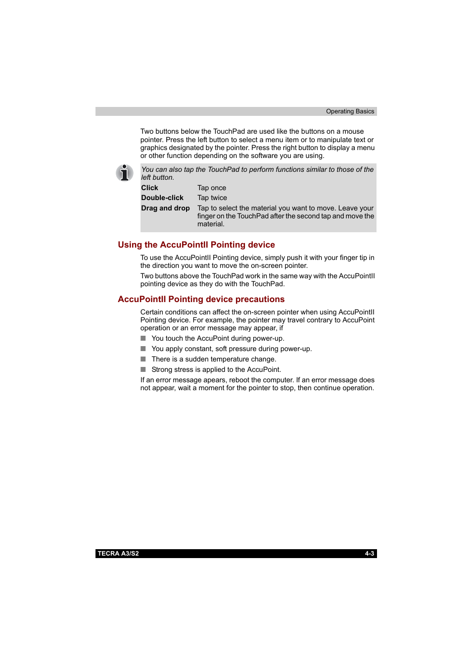 Using the accupointii pointing device, Accupointii pointing device precautions | Toshiba Tecra S2 User Manual | Page 82 / 182