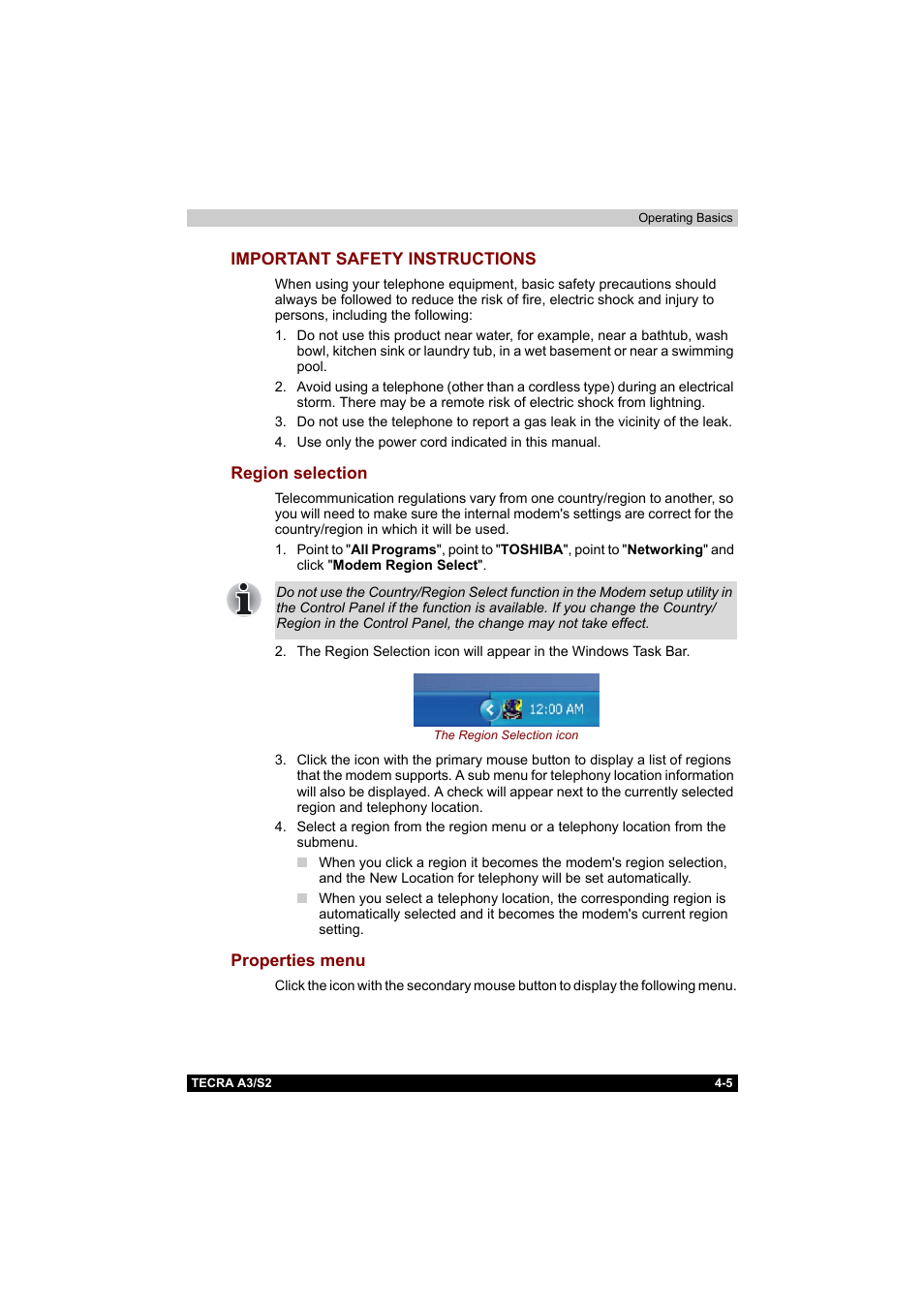 Important safety instructions, Region selection, Properties menu | Toshiba Tecra S2 User Manual | Page 84 / 182