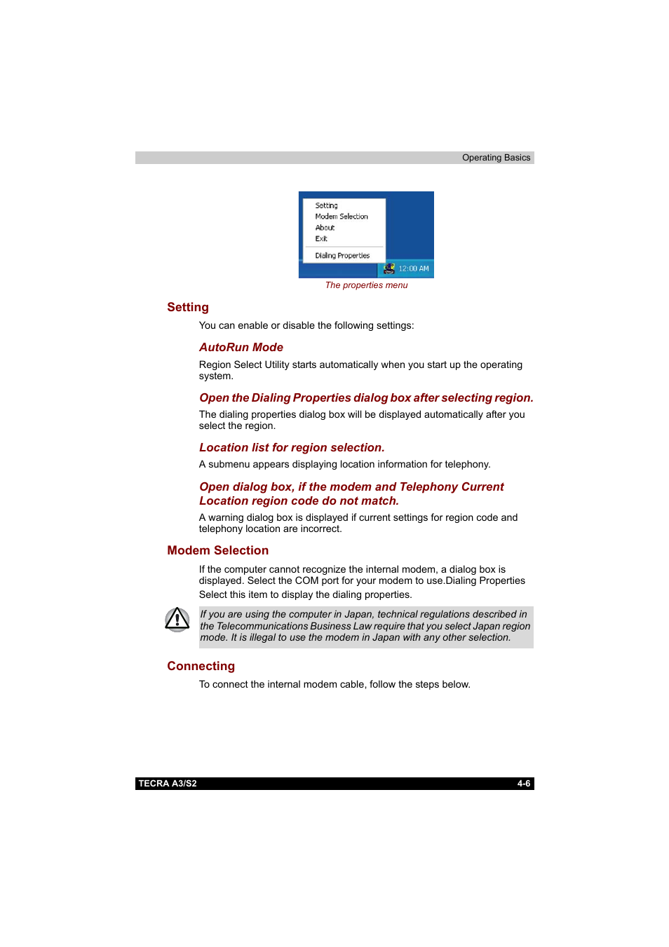 Setting, Modem selection, Connecting | Setting -6 modem selection -6 connecting -6 | Toshiba Tecra S2 User Manual | Page 85 / 182