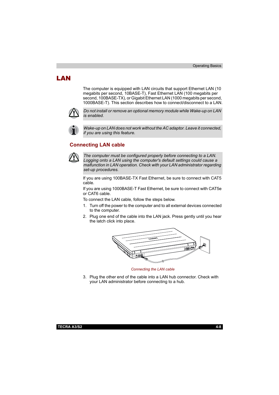 Connecting lan cable, Lan -8, Connecting lan cable -8 | Toshiba Tecra S2 User Manual | Page 87 / 182